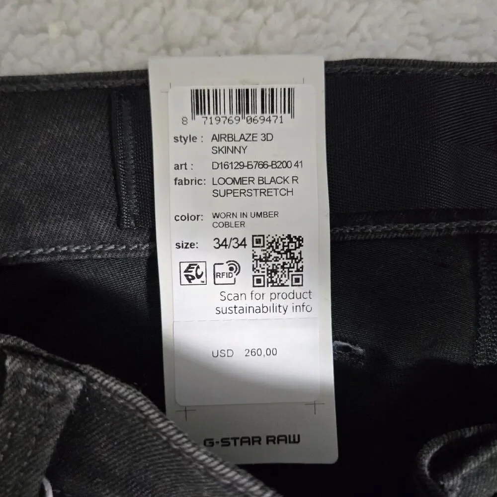 G-Star Raw Denim Jeans Airblaze 3D Skinny Worn In Umber Cobler Mens 34x34